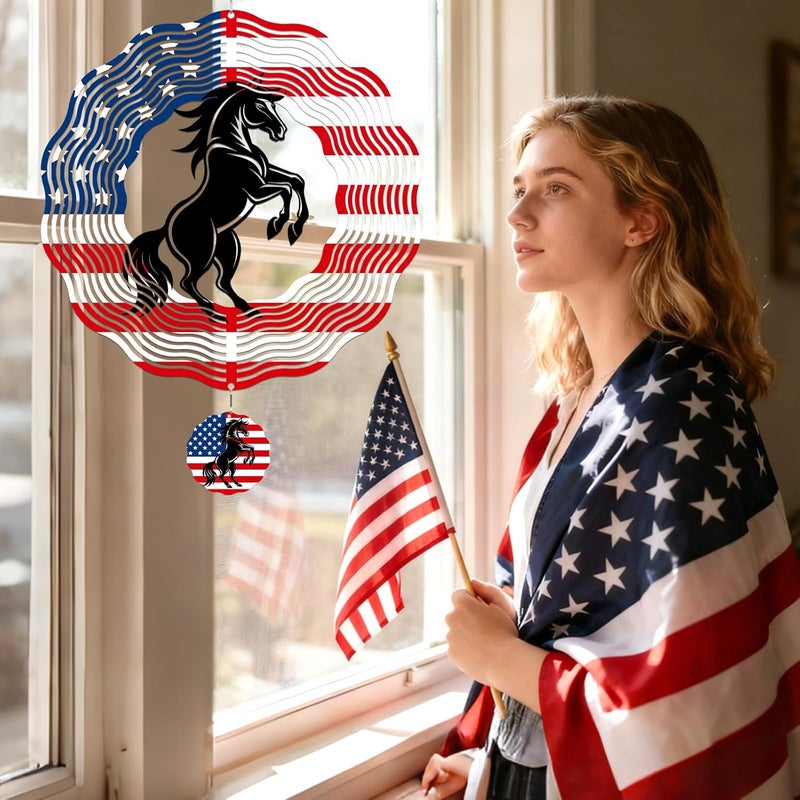 INCOK Horse Wind Spinners Outdoor - Horse Gifts for Men Women, American Flag Wind Chime for Outside, Hanging Metal Wind Sculptures for Garden Indoor Patio Lawn Yard, Veterans Day - Image 3